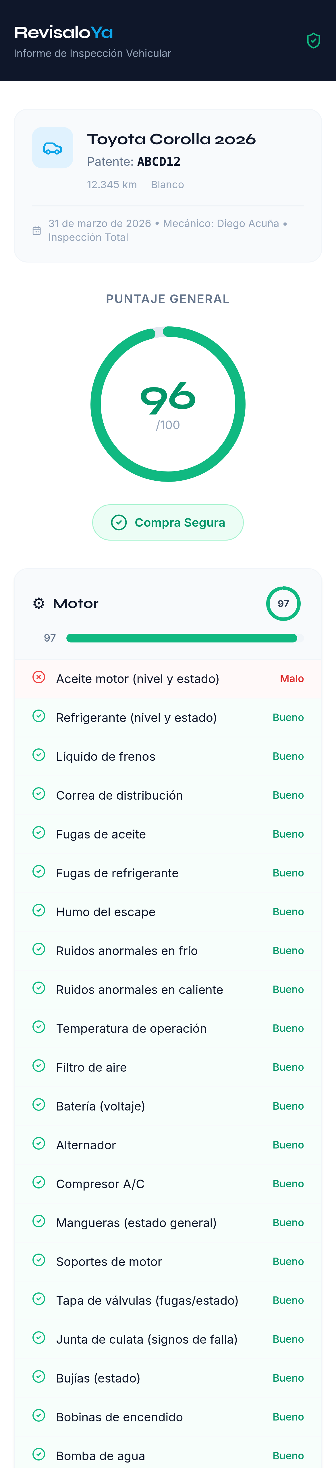 Informe RevisaLoYa en celular: checklist motor completo