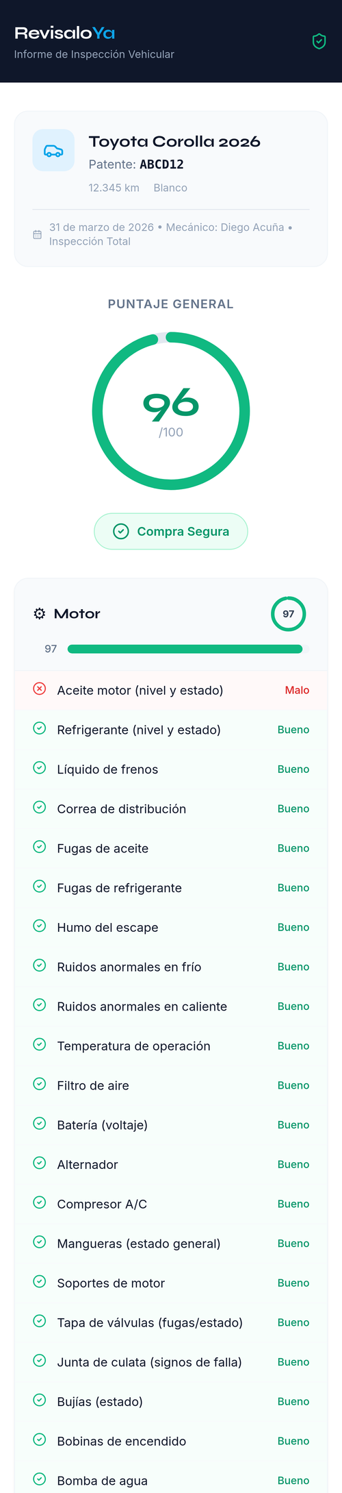 Informe RevisaLoYa en celular: checklist motor completo