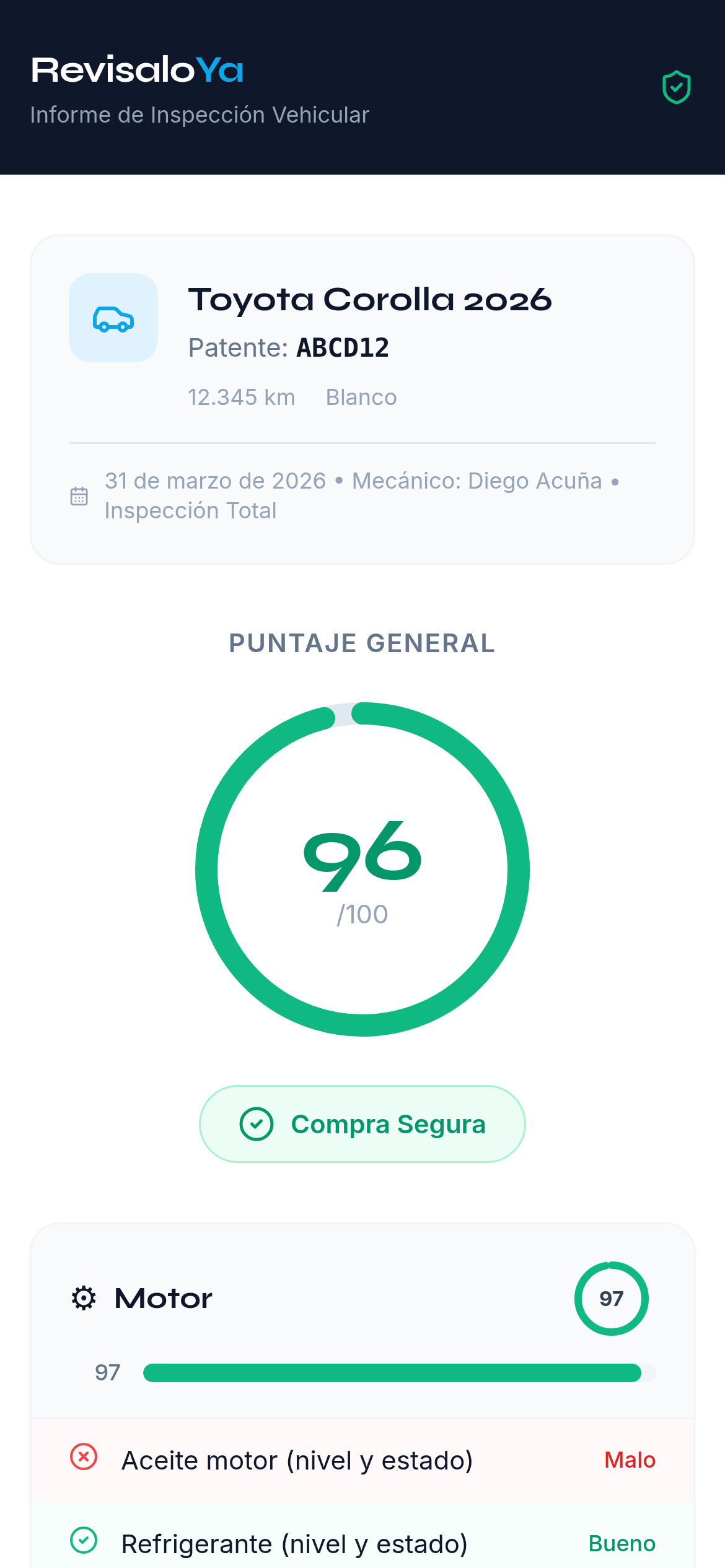 Vista móvil del informe RevisaLoYa